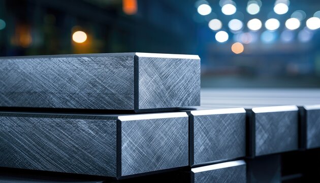 Stacked, brushed metal bars in industrial setting, soft light