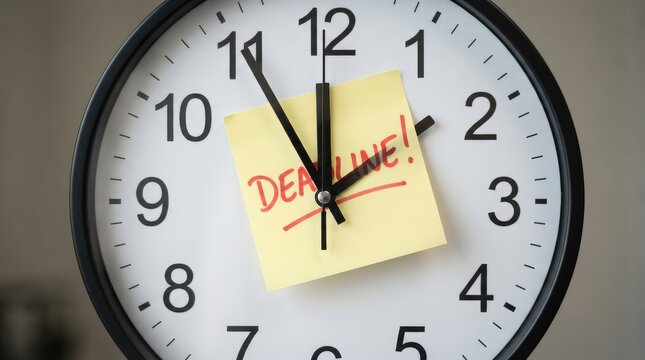 Analog wall clock showing urgency with deadline note attached near hour hand with featuring bright yellow sticky note labeled DEADLINE placed near top center