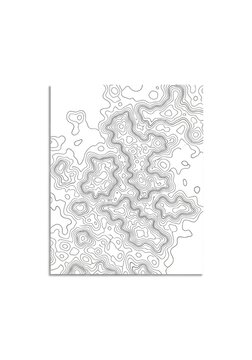 Minimalist black lines form an intricate topographic pattern on a white backdrop, illustrating depth and organic flow through abstract curves, organic, isometric, design
