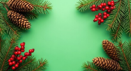 Obraz premium Natural evergreen pine branches frame a chroma key green background with textured pine cones and bright red winter berries for video overlay, pine, editing, forest