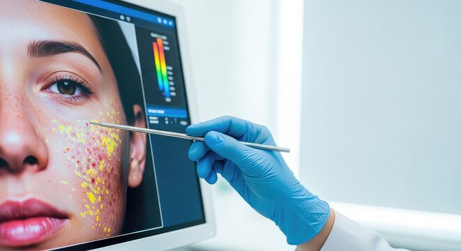 Professional clinical setting where facial features are examined using a pointer tool near a screen during a personalized skin evaluation, antiaging, bright, light