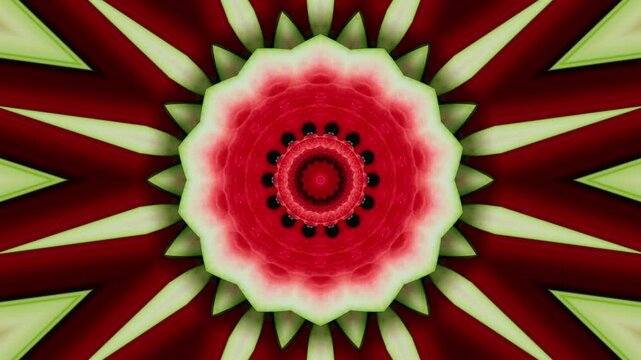 Abstract watermelon fruit slice kaleidoscope pattern creating hypnotic fresh red and green star mandala