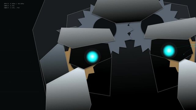Futuristic mechanical robot face animation with glowing eyes and HUD elements