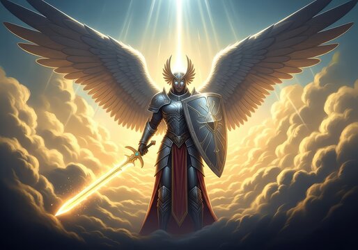 Majestic celestial figure with wings holds a radiant sword and shield against a dramatic backdrop of golden clouds and ethereal sunlight, justice, feathers, flight