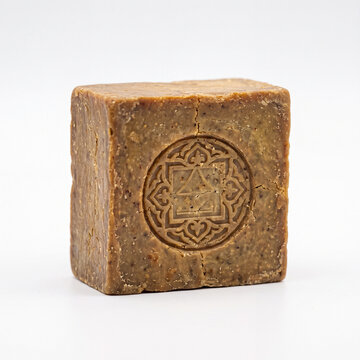 Traditional handmade Aleppo soap bar with authentic stamp isolated on white background. Authentic Syrian Aleppo olive oil and laurel soap cube
