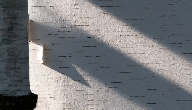Close-up view of peeling white birch bark with a strong diagonal shadow