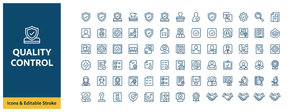 Quality control and business compliance vector icon set with editable stroke for professional use