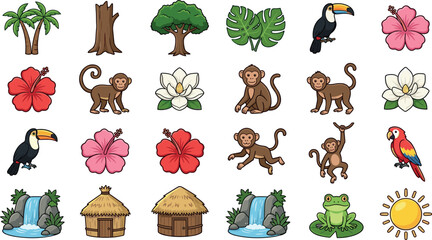 Tropical jungle safari elements colorful vector icon set featuring flat cartoon monkeys toucans parrot frog waterfall and palm trees © Prodip