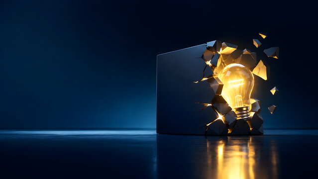 Glowing lightbulb breaking through shattered dark cube structure. Concept of disruptive business innovation, creative problem solving, and breakthrough technological advancement.