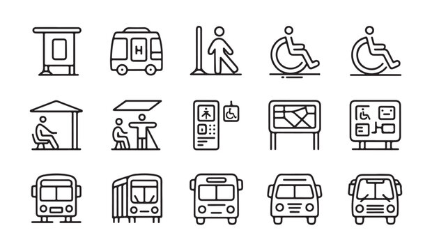 Line art icons for public transport bus stops and people universal accessibility symbols.