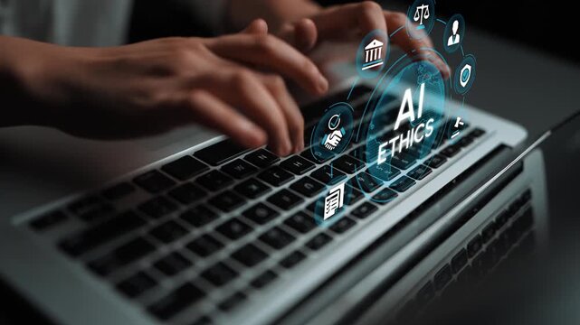 Conceptual depiction of artificial intelligence ethics with a focus on technology, data privacy, and social responsibility while using a laptop in a modern workspace. Entropy.