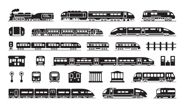 Train and metro public transport vector icons set, different type railway carriages silhouette.