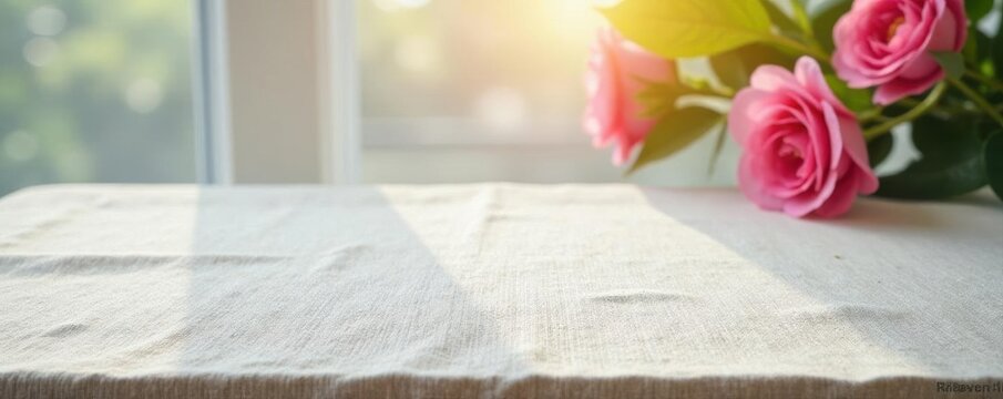 Clean white linen, wooden table top view Perfect for product display , empty, wood, clean