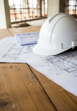 Un primo piano di un casco di sicurezza bianco appoggiato su planimetrie tecniche dettagliate sopra un tavolo di legno in un cantiere aperto, tecnico, costruzioni, struttura