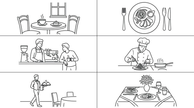 Restaurant dining and cafe service vector illustration set featuring chef cooking gourmet meal barista serving coffee and table setting