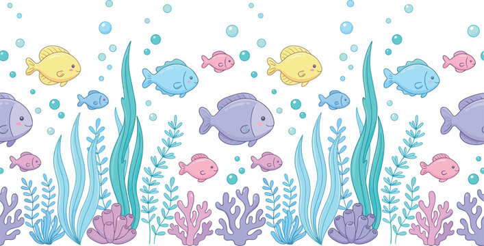 Underwater sea life seamless border pattern with cute cartoon fish coral reef seaweed and ocean bubbles vector illustration