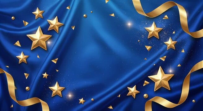 Elegant Blue Silk Background with Golden 3D Stars Ribbons Sparkles Confetti for Award Ceremony Banner Frame
