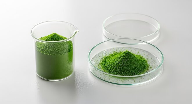 Vibrant green Wolffia duckweed powder sits in a glass beaker and petri dish on a white laboratory table for detailed nutritional analysis, food, beaker, superfood