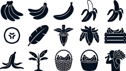Banana fruit and tropical agriculture solid glyph icon set with peeled bananas tree flower basket harvest vector illustration © Prodip