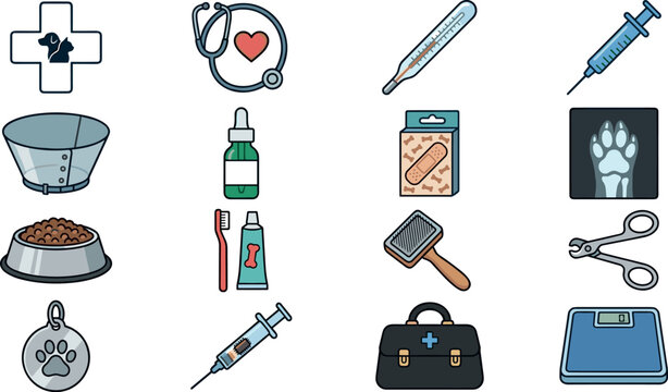 Veterinary care icon set featuring medical equipment pet supplies clinics medicine and animal health tools on white background