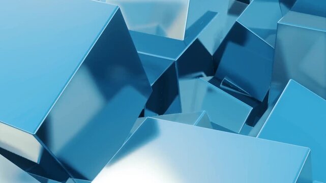 Modern 3D abstract background featuring glossy blue geometric cubes shifting and rotating smoothly. High tech corporate motion graphic design for technology, business, and innovation videos.