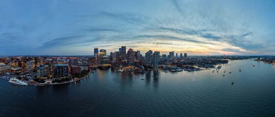 Naklejka premium Aerial panorama of downtown Boston and the harbour