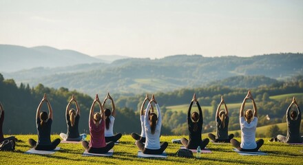 Group of people practicing yoga outdoors amidst rolling hills and clear sky, embodying wellness and serenity.