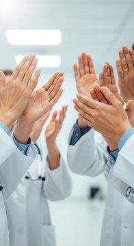 White lab coats and stethoscopes visible as hands clap together in applause. A celebration of academic success and achievement in a clinic, indoor, motion, health