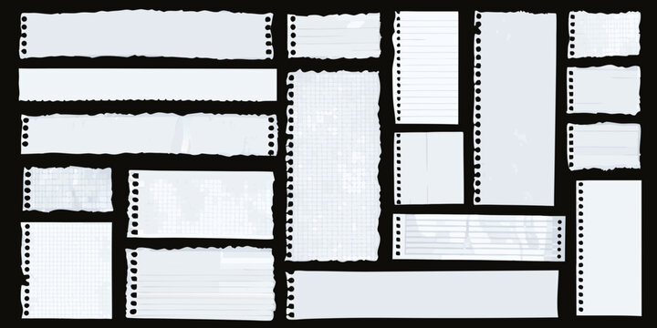 torn lined and graph paper pieces realistic vector illustration notebook stationery school supplies writing sketchbook pages tear marks black background transparent design elements