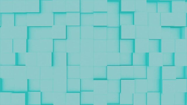 Minimalist 3D animation of light blue tiles and square cubes moving with geometric relief pattern for seamless modern background.