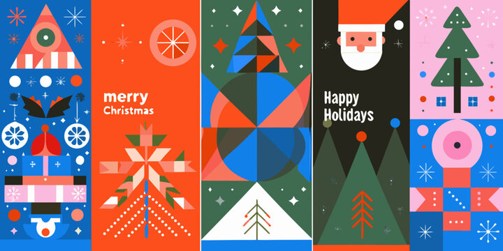 modern geometric christmas posters with abstract shapes santa tree stars gifts holiday design vector illustration pattern colorful festive seasonal greeting card winter celebration