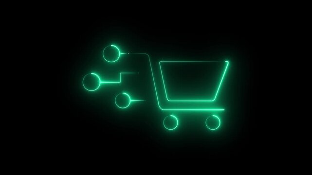 Neon Shopping Cart Icon Animation &ndash; Glowing Retail Basket Line Symbol on Black Background, Loop Motion Graphics, 4K Alpha Channel