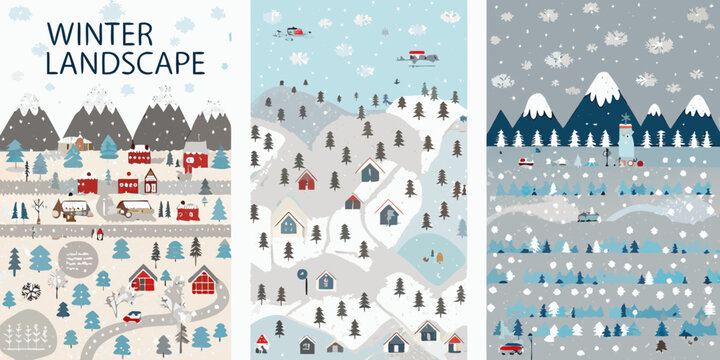 winter landscape posters with snowy mountains and cabins trees houses seasonal cold weather vector illustration blue gray white background scenic outdoor travel tourism