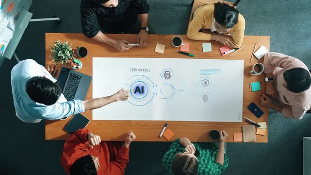 Diverse Team Collaborating on Artificial Intelligence Project with Visual Aids and Technology Presentation in Modern Office Environment. Entropy.