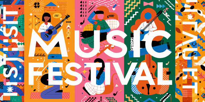 music festival posters colorful vector illustration musicians guitar drummer singer bands event concert artwork design graphic pattern vibrant festive celebration entertainment culture performer