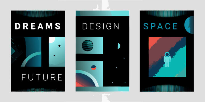 retro futuristic posters collection with dreams design space themes illustration vector artwork graphic imagery science fiction technology innovation creativity visionary conceptual imagined future