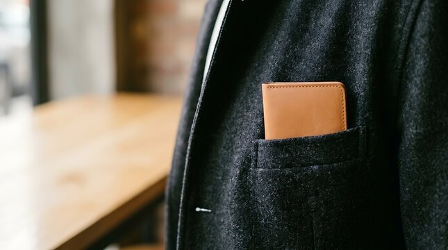 Brown leather wallet inside the pocket of a dark wool jacket