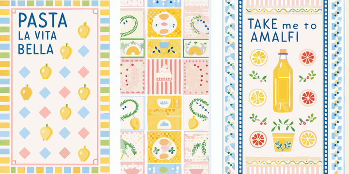 italian themed product labels with colorful illustrations pasta amalfi lemons citrus food design pattern border frame graphic art print packaging branding marketing retail