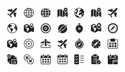 Navigation and scheduling icons set showing world maps globes compass flight routes calendar and checklist. © VANU