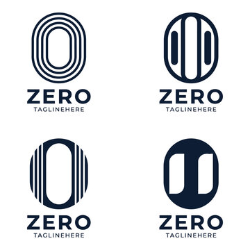 Four different zero logo designs with tagline space on white background icon
