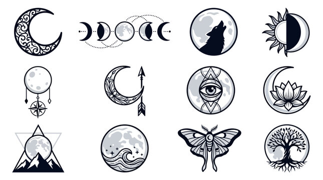 Mystical Celestial Symbols: Moon Phases, Wolf, Sun, Eye, Tree of Life, Moth, Compass