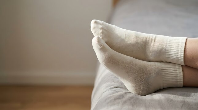 Person resting feet in white socks on a comfortable bed