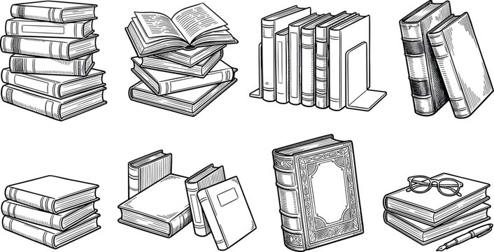 Vintage hand drawn books vector set with library stacks open textbook bookends and reading glasses engraving style illustrations isolated on white background
