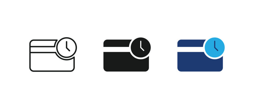 Pending payment icon, credit card clock waiting symbol, financial transaction delay sign. Vector illustration