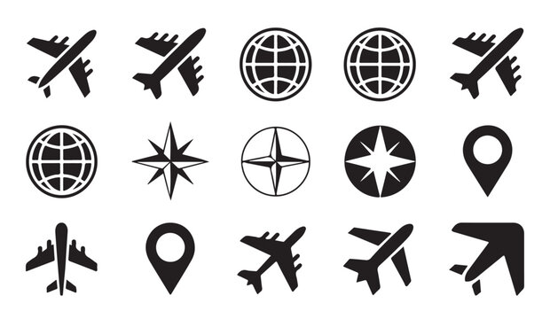 Set of airplane and travel icons for aviation and tourism graphic design.
