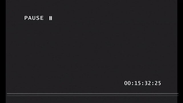 Pause screen with timer on analog VHS static background 4k