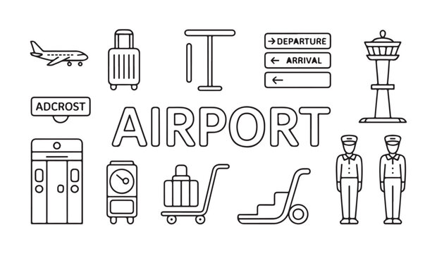 Airport transportation and travel thin line icon set for aviation and journey elements.