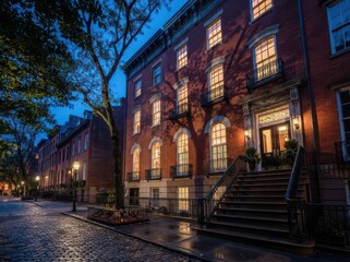 Fototapeta premium Brick row house facade with arched windows and wet cobblestone street