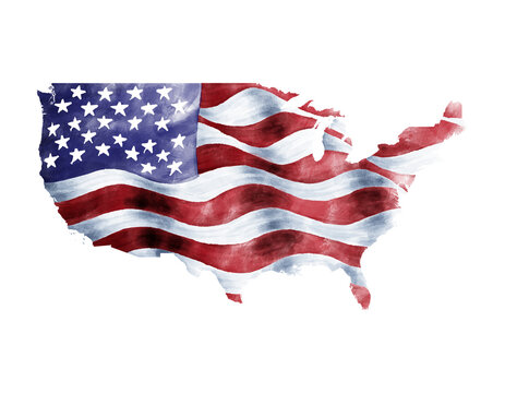 United States Map with American Flag Watercolor Illustration
