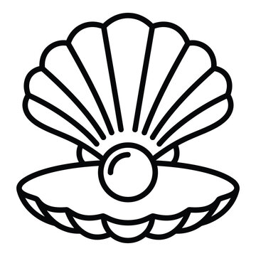 Simple line drawing of an open scallop shell with a pearl inside icon